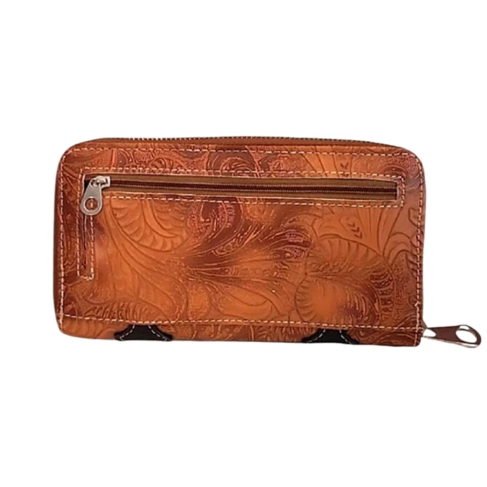 Zip Around Western Wallet Mini Clutch Laser Engraved PU Leather Floral Tooling